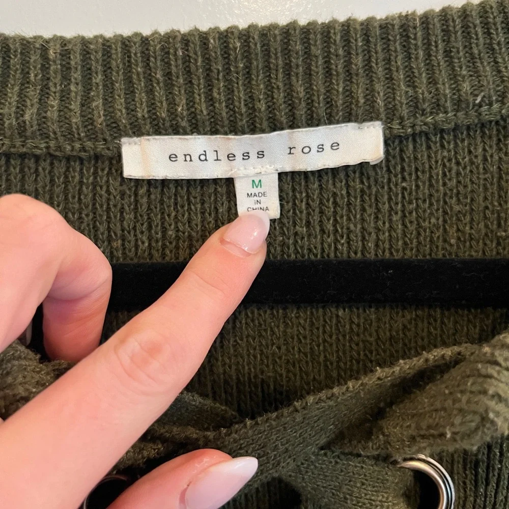 Endless Rose Olive Lace-Up Crewneck Sweater